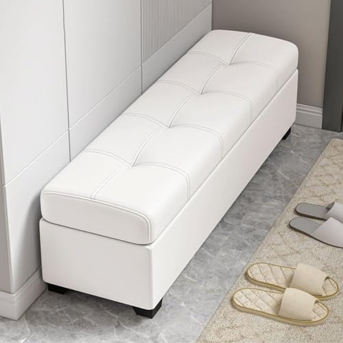 SnamicE Banco otomano con almacenaje, Banco de Entrada de Cuero Impermeable con Asiento Acolchado, Banco tapizado para cabecera de Cama con Patas de Madera, para Dorm,Off-white-90x40x40cm