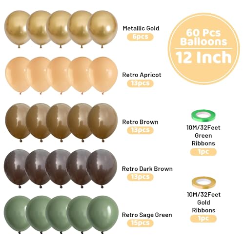 Image of Funhot Green and Brown Balloons Set, 60PCS Sage Green Brown Gold Balloon, 12Inch Jungle Safari Party Balloons Nude Metallic Gold Latex Balloons for Baby Shower Camo Woodland Birthday Party Decoration