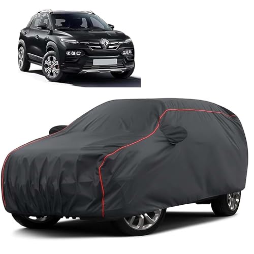 Image of Sulfar 100% Water Resistant Car Body Cover Compatible with Mirror for Renault Kiger (Triple Stitched, Full Bottom Elastic, Dark Grey Taffeta with Red Piping)