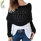 Knitted Cable Wrap Shawl with Sleeves, Multifunctional Scarf (Black)