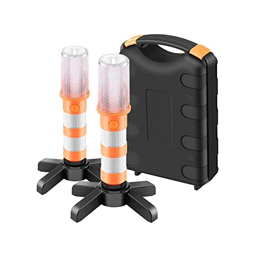 2 x Car Emergency Lights, MASO Super Bright LED Roadside Flares Red Flashing Road Safety Beacons Worklight Hazard Warning Strobe Light with Magnetic Base and Storage Case for Vehicles, Trucks (Orange)