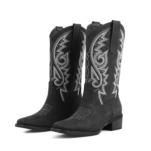 Image of LingxiaUne Cowboy Boots for Women Floral Cowgirl Boots with Pointed Toe and Chunky Heel Mid Calf Western Boot for Concert Festival Country Night Party