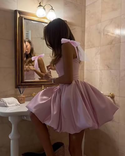 Square Neck Satin Homecoming Dresses for Teens Short Puffy Prom Dress with Bow Flower Bud Cocktail Party Gowns4