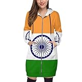 Anceky Sudadera con Capucha y Bolsillos para Mujer, con la Bandera de la India, hasta la Rodilla, de Manga Larga y Estilo Patriotismo, para otoño.