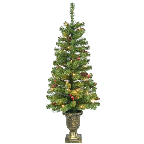 4FT Artificial Potted Christmas Tree with Lights, Pre-lit Mini Christmas Tree with 50 LED Lights, Small Fake Spruce Tree with 140 Branch Tips, Pine Cones&Red Berries, Battery Operated