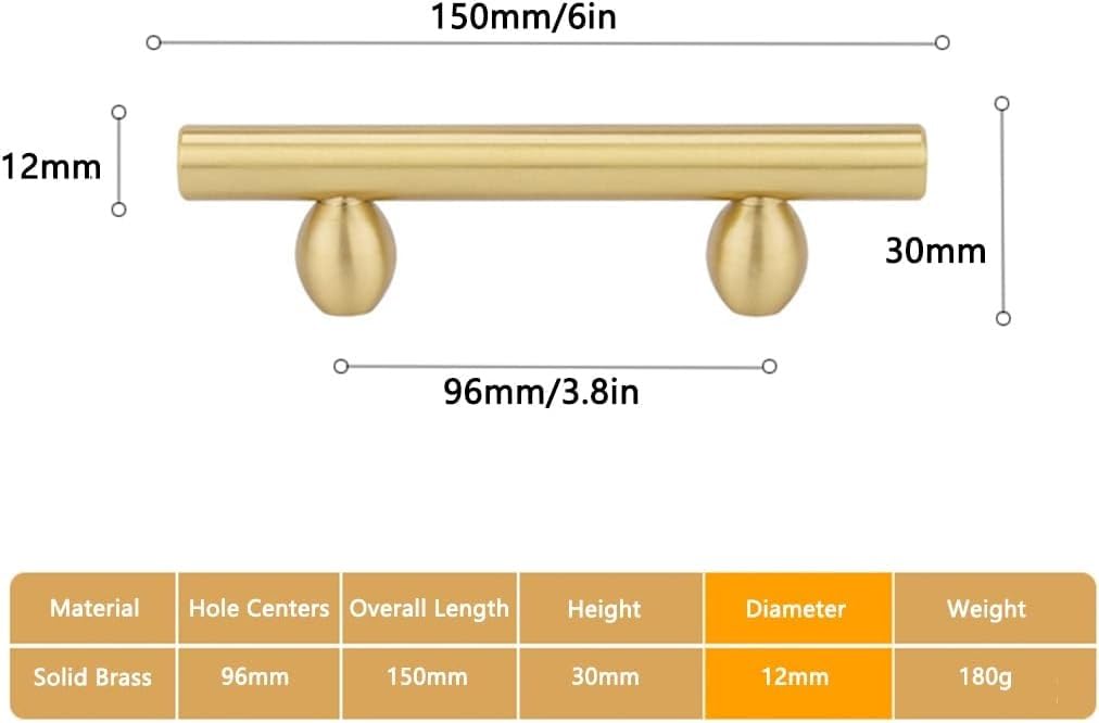 Maniglie per armadi in ottone Oro, Confezione da 2 maniglie for armadietti in ottone massiccio con foro singolo, dimensioni multiple dorate(96mm/3.8in)