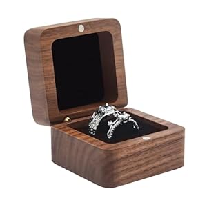 Wooden Ring Box for Wedding Ceremony 2 Slots,Small Square Solid Wood Double Ring Holder Case Box,Vintage Ring Bearer Box for Engagement Proposal,Rustic Jewelry Gift Storage Box-Black