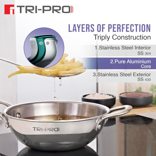 Image of TriPro TriPly Stainless Steel 4 Pcs Cookware Set - Kadai 22cm (2L) with Glass Lid, Frypan 22cm (1.2L), Saucepan 14cm (1L), Consumes Less Oil, Healthy Cooking - Induction and Gas Stove Ready