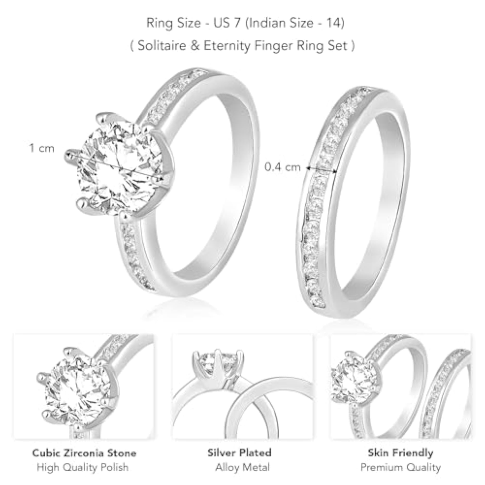 Silver Plated Cubic Zirconia Studded Solitaire & Eternity Finger Ring Set