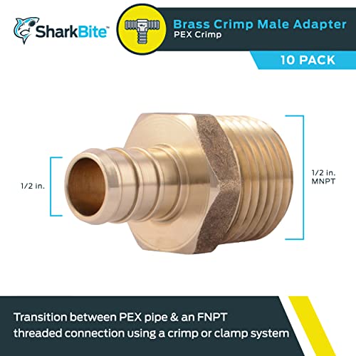 Image of SharkBite 1 /2 Inch Crimp MNPT Male Adapter, Pack of 10, Brass Plumbing Fitting, PEX Pipe, Copper, UC120LFA10