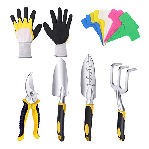 Preisvergleich Produktbild Viesap Kleine Gartengeräte, Gartenwerkzeug Set Gartengeräte Set aus Edelstahl, 6 Teilig Garten Werkzeug Set mit Gartenschere / Handkelle / Pflanzmaschine / Handrechen / Gartenhandschuhen / Pflanzenetikett.