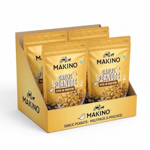 Image of Makino Garlic Roasted Peanuts | Premium Raw Roasted Peanut Snacks Pack of 4 (140gm) | High Protein in Fiber | Gluten Free, Zero Cholesterol | Not Fried Only Roasted Peanuts | Natural Peanuts from Gujrat, No Trans Fat |