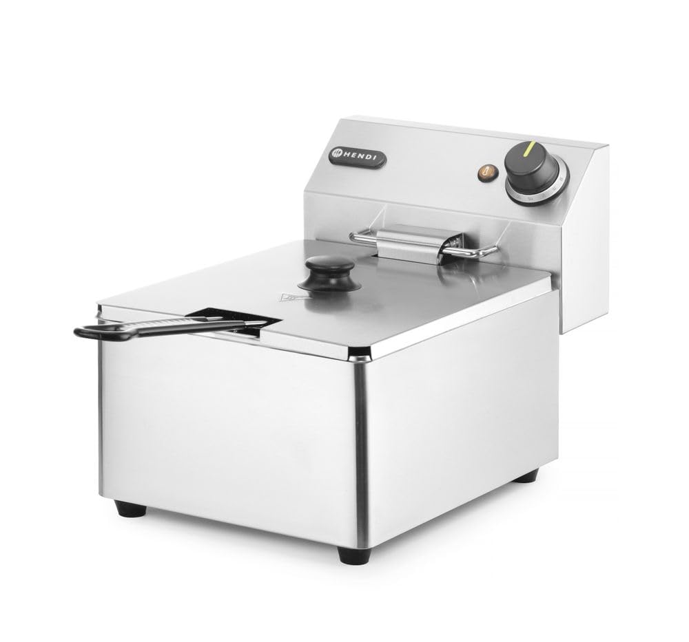 HENDI Fritteuse, 6L, mit Frittierkorb und Deckel, abnehmbarer Ölbehälter, Temperaturbereich: 50° bis 190°C, Überhitzungsschutz, Kaltzone, Frittierbehälter, 230V/3300W, 265x417x(H)290mm, Edelstahl