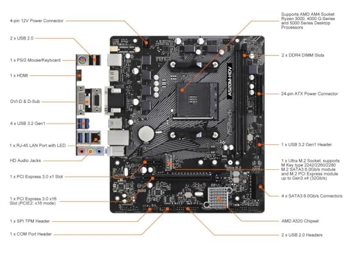 Asrock A520M-HDV, AMD A520, AM4, Micro ATX, 2 DDR4, VGA, DVI, HDMI, M.2