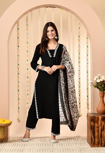 Image of Amazon Brand - Tavasya Women Cotton Anarkali Kurta Pant Dupatta Set | Printed Ethnic Suit Set | Flared Anarkali Kurta with Pant & Dupatta | Festive & Casual Wear