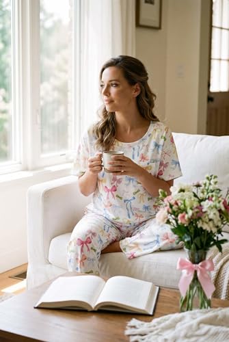 Image of Ekouaer Womens Satin Silky Pajama Set Short Sleeve Shirt with Long Pajama Pant Set Soft PJ Loungewear