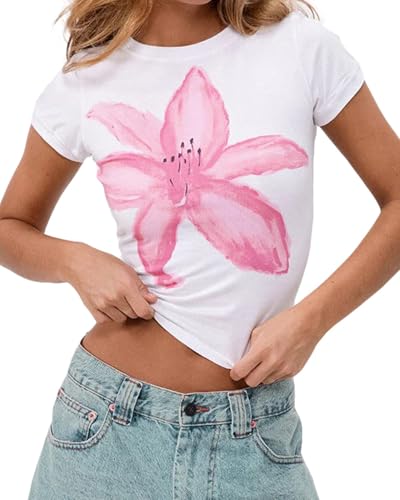Cioatin Women Y2K Short Sleeve Flower Graphic Baby Tee Shirt Vintage Aesthetic Floral Print Summer Crop Tshirt Tops