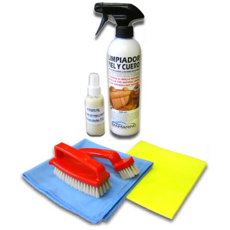 SANMARINO Kit Limpieza TAPICERÍAS Piel Y Cuero 500 ML. + NUTRIENTE Piel + Cepillo Doble Especial + BAYETAS