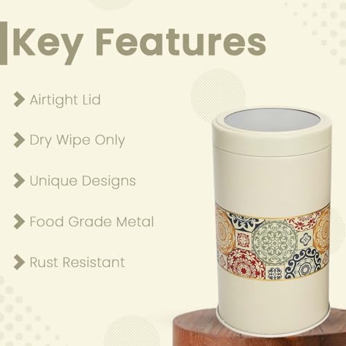 Image of Mandala Collection Airtight Kitchen Container Set| 1400ML- Set of 4| Food Grade Metal Jars for Rice, Atta, Besan & Flour Storage| Vacuum Lid, Rust Resistant| Beige Rangoli Canisters