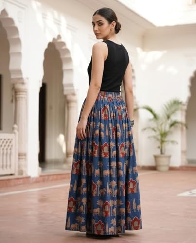 Image of Women's Floral Print Maxi Skirt, Maroon Red, 100% Pure Cotton, Elastic Waist, Full Length, Breathable Fabric