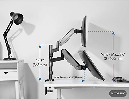 PUTORSEN® Support Moniteur Support de Bureau pour écran pc LCD LED OLED 17-32 (43-81 cm), à 2 Ecran, Ressort à Gaz, Ergonomique Hauteur Réglable, Charge Max 8kg par Moniteur