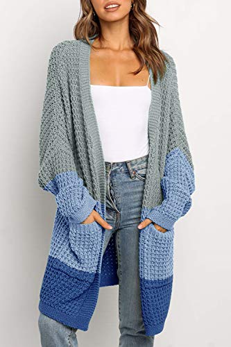 BTFBM Women Long Sleeve Open Front Plain Knit Cardigan Fashion Color Block Striped Slouchy Loose Pockets Sweater Outwear (Grey Blue, Large)