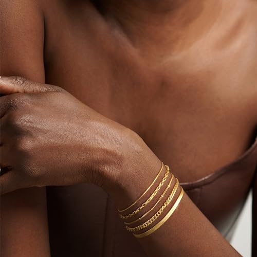 Bracelet for Women - Dainty Stack Bracelets Trendy Adjustable 14K Gold Plated Thin Paperclip Bead Box Satellite Figaro Cuban Link Chain Bracelet Set for Women Waterproof Jewelry Gift