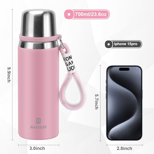 Botella termo de acero inoxidable con vaso 700ml botella aislante al vacío para café y agua caliente y fría (Rosa, 700ml) miniatura 2