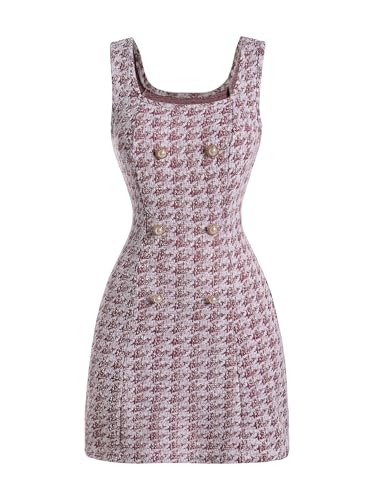 Image of Floerns Women's Plaid Tweed Dress Sleeveless Square Neck Elegant Work Mini Dress
