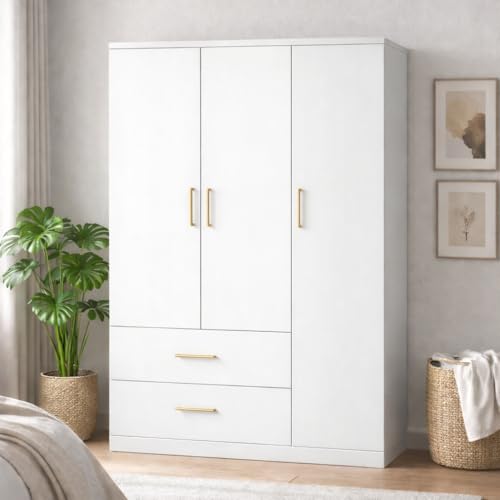 Callas Estoria 3 Door Wooden Wardrobe with 2 Large Drawers | Spacious Hanging Section | Multi-Utility Side Shelves | Engineered Wood Almirah for Bedroom | 1 Year Warranty