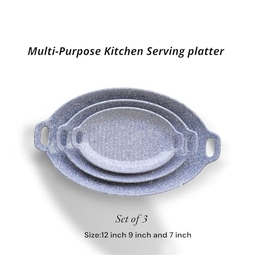 Image of Serving Platter | Melamine Snack Platter | Multi-Purpose Kitchen Serving Platter | Versatile Chip and Dip Tray for Snacks, Starters & Desserts | Lightweight & Dishwasher Safe | Set of 3 (GREY MARBLE)