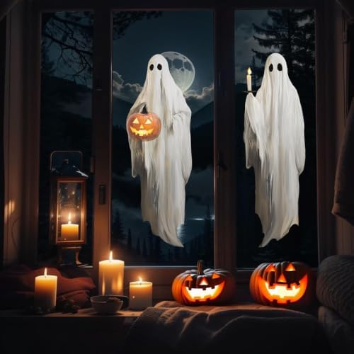 Ghost window decals used as Halloween party decor