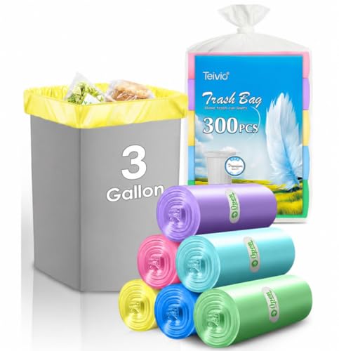 Image of 3 Gallon 300 Counts Colorful Small Trash Bags by Teivio, Fit 3.2,3.5 Gal Garbage Bags,Waste Basket, Bathroom Trash Can Bin Liners, Plastic Bags for home office kitchen, Multicolor
