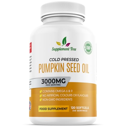 Pumpkin Seed Oil Capsules 3000mg (Per 3 Softgels) Cold Pressed High Strength Omega 6 & 9 (Linoleic & Oleic Acid) UK Made Food Supplement 120 Softgels (40 Servings)
