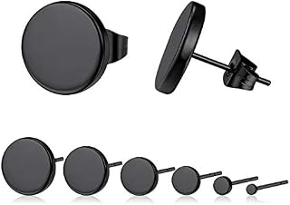FOCALOOK Mens Stud Earrings 6 Pair/Set Stainless Steel/Gold/Black Plated Ear Studs 2-12mm, Flat Disc Earring for Women (Gift Box Send)