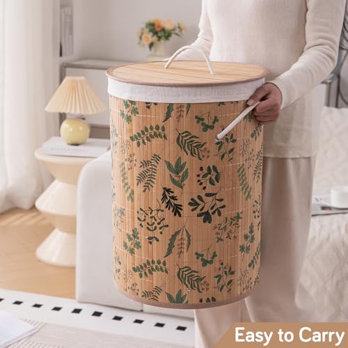 Image of HOKIPO Eco-Friendly Foldable Bamboo Laundry Basket Hamper with Lid, Large, 61 Litre, Fern Leaves (AR-5752), Brown