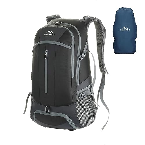 TRAWOC FALCON Mochila de viagem de 40 litros, mochila de viagem para laptop para homens e mulheres, mochila casual com capa de chuva para caminhadas, trilhas, bolsa de viagem, LHK005, Preto, 40L