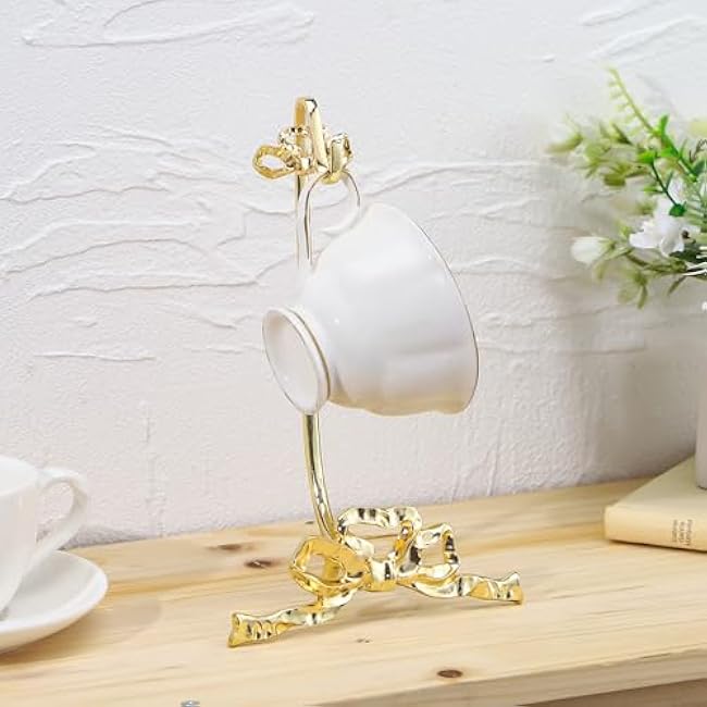 Brass Tea Cup and Saucer Display Stand Vintage Bow Teacup Holders Plate Stand Mug Hooks Classic Durability Countertop Storage for Cabinet Kitchen Counter Bar(4.92 x 7.68 x 2.17 Inches)