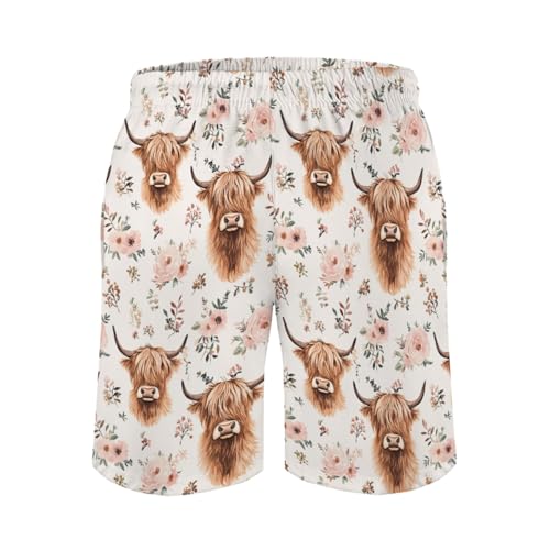 Highland Cow Boho Floral Men's Swim Trunks Highland Yak Pink Flower Board Shorts Western Cowboy Animal Swimsuit3