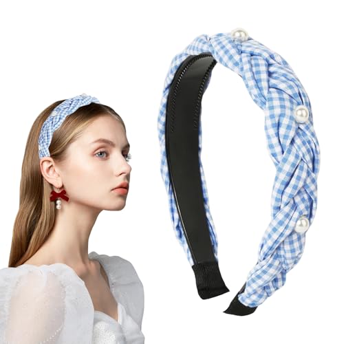 Damen Haarreif, Blau Weiß Trachten Haarreif, Oktoberfest Dirndl Haarschmuck, mit Perlen Kariert Geflochten Haarband, für Bierfest Bayrische...