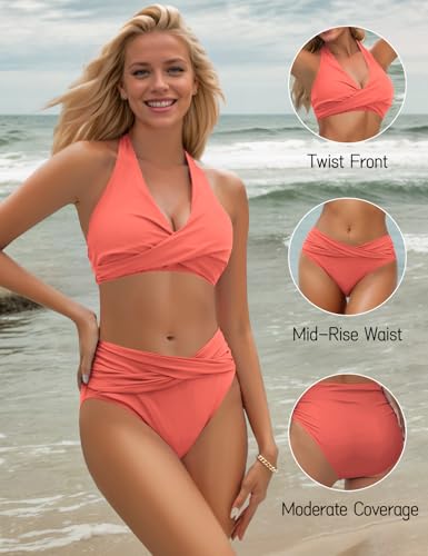 Image of Sopliagon Women's Bikini Sets Twist Front Two Piece Swimsuit Halter Bathing Suit