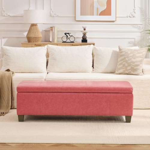 Image of 51 Inch Storage Ottoman, Storage Bench with Safety Hinge, Upholstered Synthetic Leather Ottoman Bench for Bedroom, Living Room, Entryway, Hallway, Foot Rest, Support 500lbs