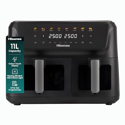 Hisense 11L Dual Zone Air Fryer - 2700W Energy-Saving Colour Touch Display Cooker with 8 Cooking Functions - Fries Steak Chicken Grill Fish Shrimps Pizza Dehydrate Black