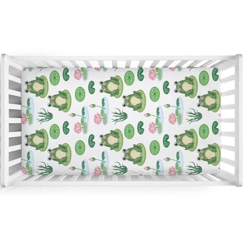 Image of Funny Frogs Flower Leaves Pond Baby Crib Sheets 52''x28'' Water Lilies Lake Stretchy Fitted Crib Mattress Covers for Boy Girl Animal Soft Nursery Bed Sheets for Standard Crib and Toddler Mattresses