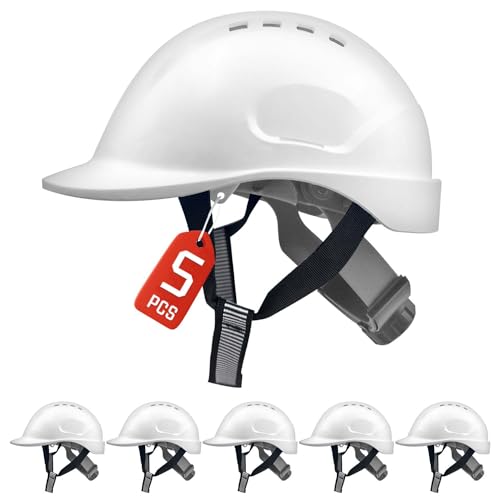 Mustbau 5 PCS Casque de Chantier, Casque Protection de Construction avec Sangle 6 Points, 52 à 66cm Tour de tête réglable, Très Respirant pour Hommes, Femmes - Blanc