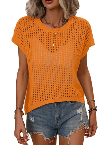 Image of Crochet Tops for Women Spring Summer Shirts Cute Mesh Top Cap Sleeve Cover Up Pullover Sweater Beach Vacation Clothes