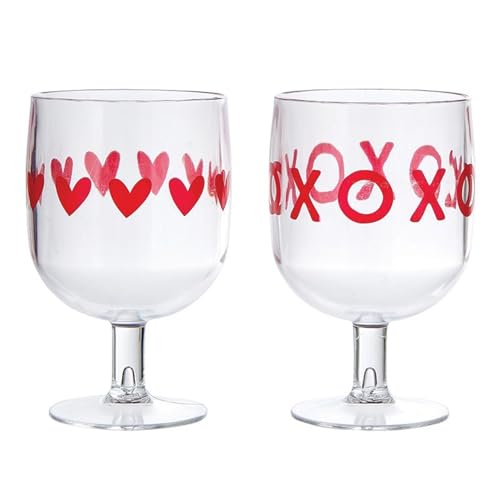slant collections Unbreakable Valentine's Day Wine Glasses Stackable Acrylic Stemmed Wine Glasses, Set of 4, Hearts/XO