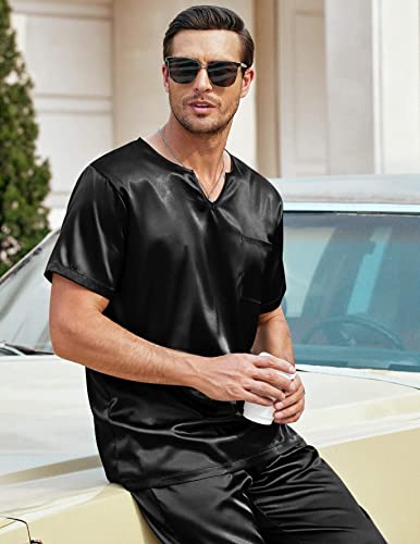Ekouaer Short Sleeve Pajamas Set For Men Satin Silk Long Pant Pj Set Sleepwear Two Piece Nightwear Black L #TOP3