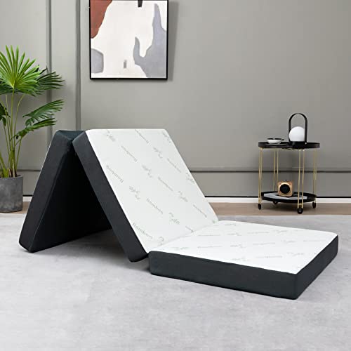 Giantex 4-Inch Tri Folding Mattress, Foam Mattress Topper With Bamboo Fiber Cover & Breathable Mesh Border Fabric, Portable Tri-Fold Camp Mat With Handle For Rv Guest Bed, Cot Size #TOP6