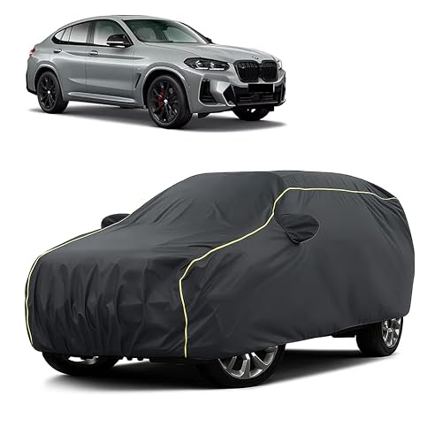 Image of Sulfar 100% Water Resistant Car Body Cover Compatible with Mirror for BMW X4 (Triple Stitched, Full Bottom Elastic, Dark Grey Taffeta with Yellow Piping)